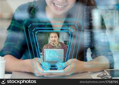Polygonal brain shape of an artificial intelligence with various icon of smart city Internet of Things Technology over futuristic screen hologram between colleague, AI and business IOT concept