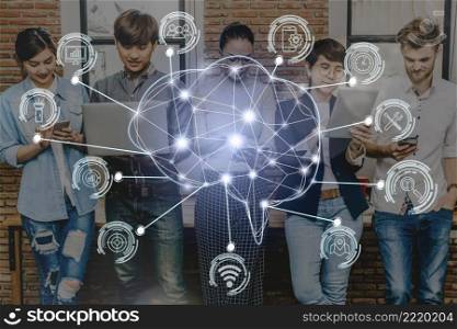 Polygonal brain shape of an artificial intelligence with various icon of smart city Internet of Things Technology over Group Of Multiethnic people using social network, AI and business IOT concept