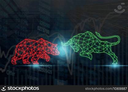 polygonal bull and bear shape writing by lines and dots over the Stock market chart with information over the Modern business building glass of skyscrapers, trading and finance investment concept