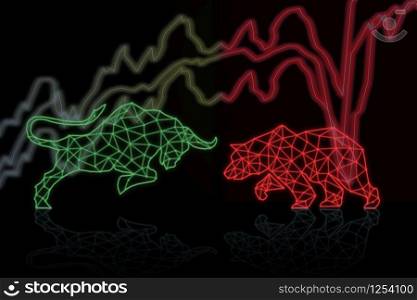polygonal bull and bear shape writing by lines and dots over the Stock market chart with information dark baclground, trading and finance investment concept