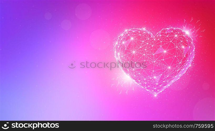 Polygonal love valentine heart made of connected lines and dots on blurred gradient multicolor background for greeting card. Valentine's Day holiday banner concept.. Polygon valentine heart on multicolor background.