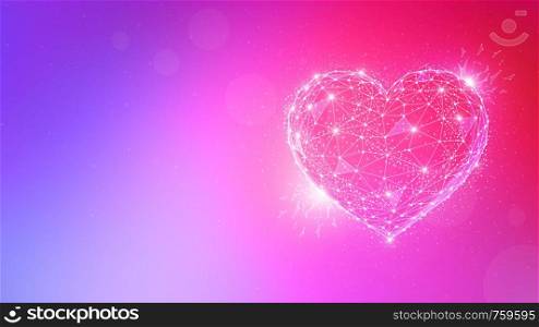 Polygonal love valentine heart made of connected lines and dots on blurred gradient multicolor background for greeting card. Valentine's Day holiday banner concept.. Polygon valentine heart on multicolor background.