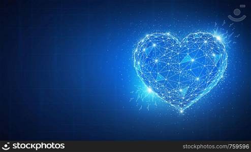 Polygonal love valentine heart made of connected lines and dots on blurred gradient multicolor background for greeting card. Valentine's Day holiday banner concept.. Polygon valentine heart on blue background.