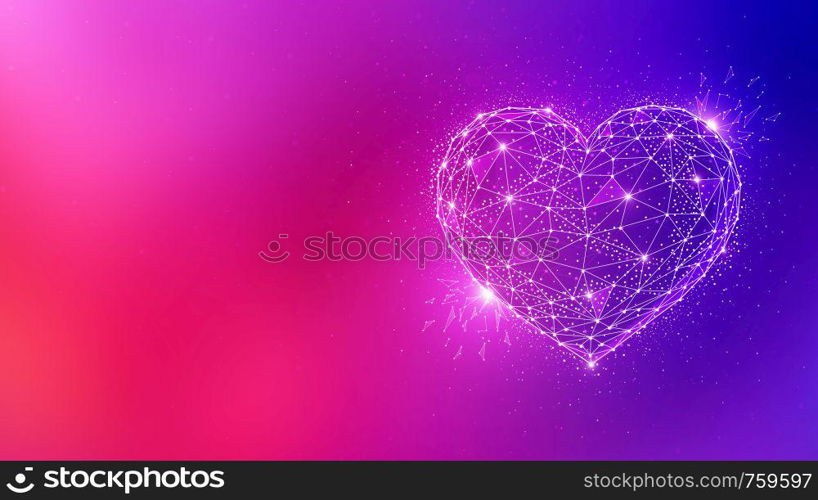 Polygonal love valentine heart made of connected lines and dots on blurred gradient multicolor background for greeting card. Valentine's Day holiday banner concept.. Polygon valentine heart on multicolor background.