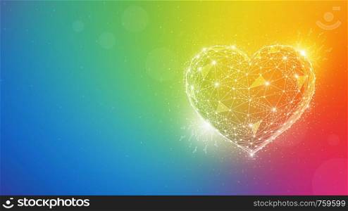 Polygonal love valentine heart made of lines and dots on blurred gradient multicolor background in the colors of the rainbow for greeting card. Valentine's Day holiday and sexual minorities concept.. Polygon valentine heart on multicolor background.