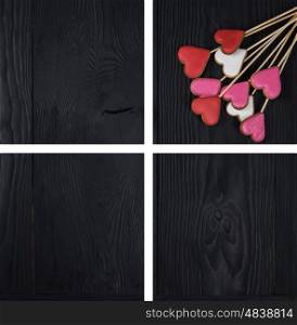Polyptych of Gingerbreads for Valentines Day or wedding theme on black wooden background, ready for design