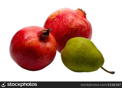 Pomegranate and pear on white background, isolated.