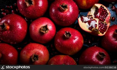 Pomegranate fruits on dark background, top view. Generative AI