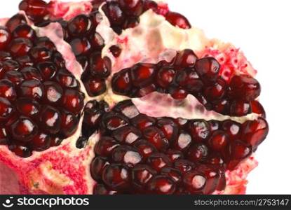 Pomegranate. Ripe fruit. It is isolated on a white background. The girl with a thermometer. A portrait close up