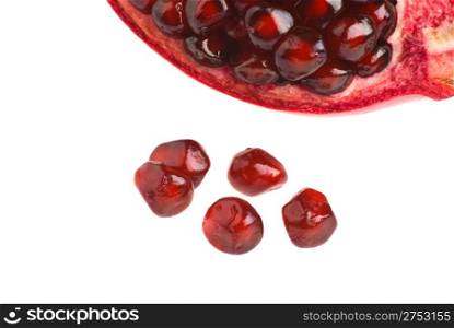 Pomegranate. Ripe fruit. It is isolated on a white background. The girl with a thermometer. A portrait close up