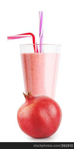 Pomegranate smoothie or yogurt in a glass with a straw and a whole pomegranate isolated on white background. Pomegranate smoothie or yogurt in glass with straw and pomegrana