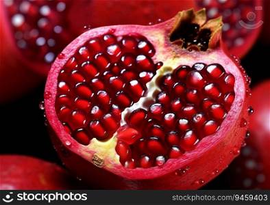 Pomegranates half with ripe red sweet seeds.AI generative