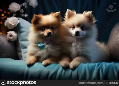 Pomeranian puppies on sofa. Generative AI