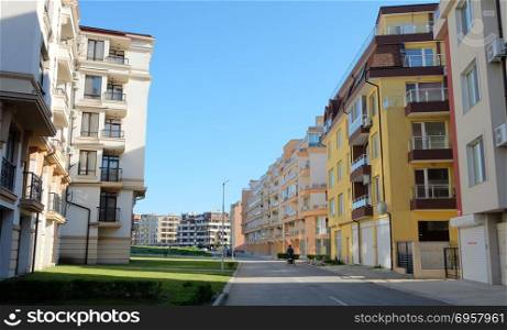 Pomorie, Bulgaria - April 22, 2018: Tipical modern residential area in Pomorie, Bulgaria.
