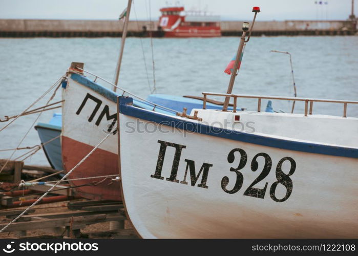 Pomorie, Bulgaria - February 07, 2020: Fishing Boats At The Harbor.