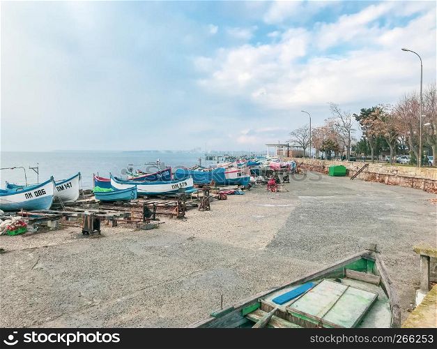 Pomorie, Bulgaria - Januari 01, 2019: Fishing Boats At The City Port.