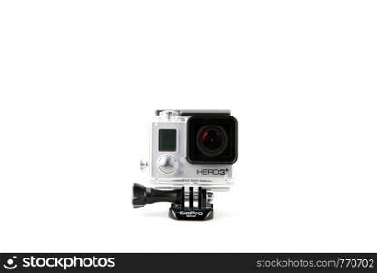 Pomorie, Bulgaria - July 10, 2019: GoPro HERO3+ Black Edition Isolated On White Background. GoPro Is A Brand Of High-Definition Personal Cameras, Often Used In Extreme Action Video Photography.