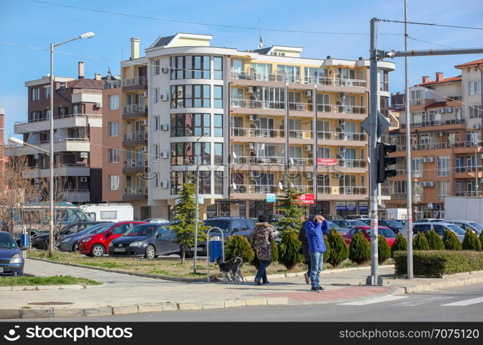 Pomorie, Bulgaria - March 02, 2019: Spring Walk Through The Central Part Of The City.