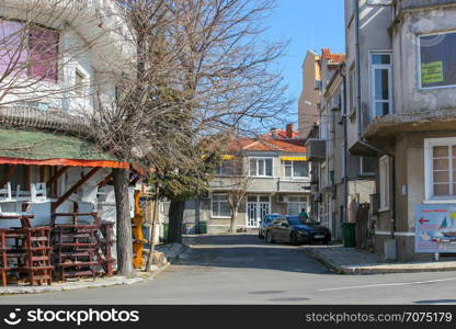 Pomorie, Bulgaria - March 02, 2019: Spring Walk Through The Central Part Of The City.