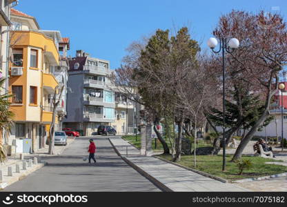 Pomorie, Bulgaria - March 02, 2019: Spring Walk Through The Central Part Of The City.