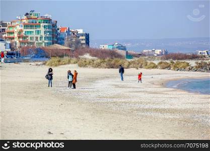 Pomorie, Bulgaria - March 02, 2019: Spring Walk Through The Central Part Of The City.