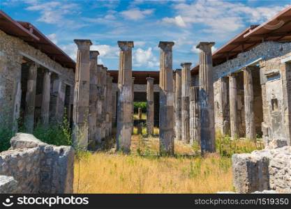 Pompeii city destroyed in 79BC by the eruption of volcano Vesuvius, Italy in a beautiful summer day
