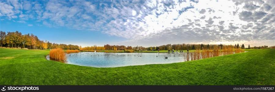 Pond and green meadow in autumn park, nobody, panorama. October forest and lake, panoramic view, orange and yellow foliage on background