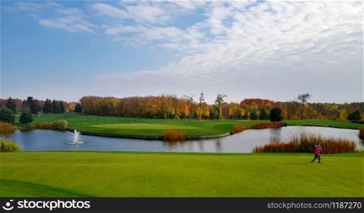 Pond in autumn park, panorama. October forest and lake, panoramic view, orange and yellow foliage on background. Birds swim in the pond in autumn park, panorama