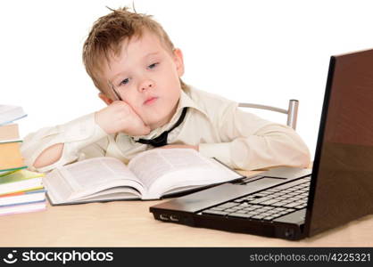 Ponderer pupil with laptop isolated on the white background