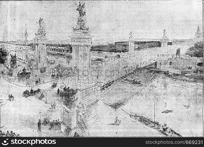 Pont Alexandre III, vintage engraved illustration. Industrial encyclopedia E.-O. Lami - 1875.