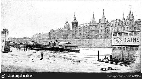 Pont au Change, Commercial Court and Court House, vintage engraved illustration. Paris - Auguste VITU ? 1890.
