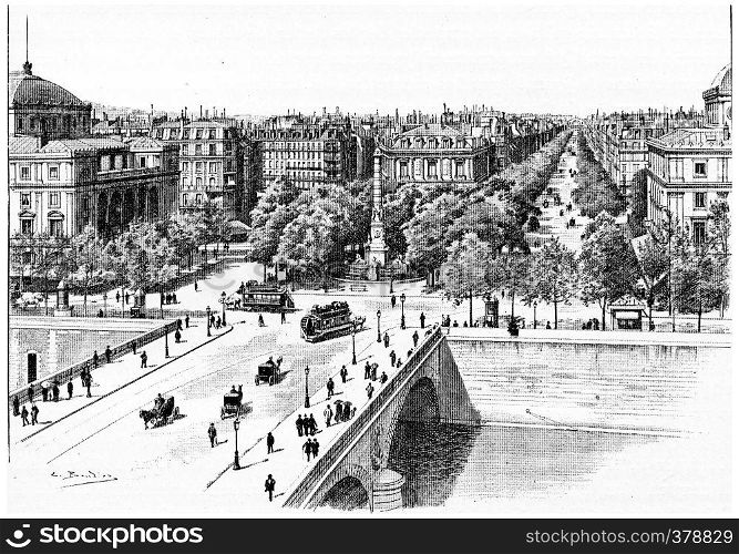 Pont au Change, Place du Chatelet and Boulevard de Sebastopol, vintage engraved illustration. Paris - Auguste VITU ? 1890.