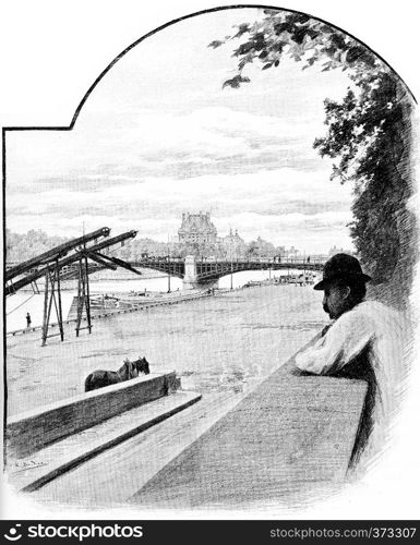 Pont de Solferino and Pavillon de Flore, seen from the Quai d'Orsay, vintage engraved illustration. Paris - Auguste VITU ? 1890.