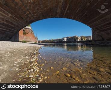 Ponte di Castelvecchio (meaning Old Castle Bridge) aka Ponte Scaligero (meaning Scaliger Bridge) over river Adige in Verona, Italy. Castelvecchio Bridge aka Scaliger Bridge in Verona
