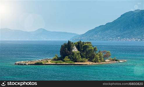 Pontikonisi ? Mouse island ? on Corfu, Greece. Its prominent feature is a Byzantine chapel of Pantokrator, dating from the 11th or 12th century. One of the most iconic and well known corfiot landmarks.