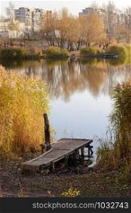Pontoon and Phragmites australis close to the lake in autumn, in Kiev, Ukraine