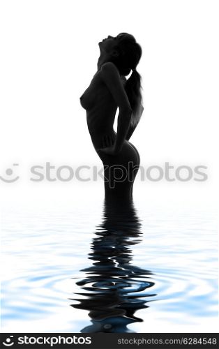 ponytail girl black and white silhouette in blue water