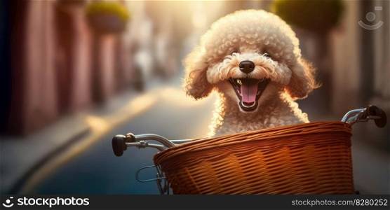 Poodle puppy dog have fun bicycle ride on sunshine day morning in summer on town street