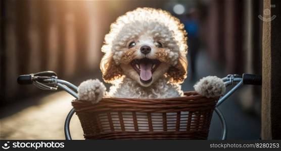 Poodle puppy dog have fun bicycle ride on sunshine day morning in summer on town street