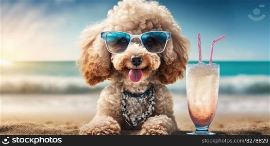 Poodle puppy dog is on summer vacation at seaside resort and relaxing rest on summer beach of Hawaii
