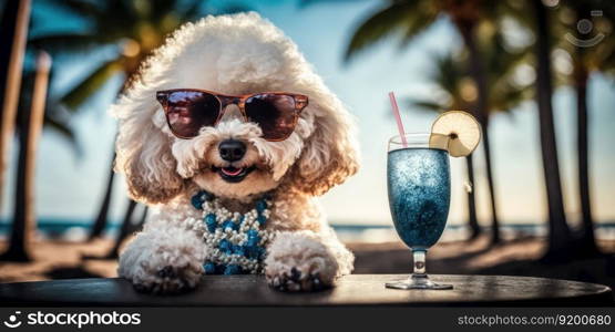 Poodle puppy dog is on summer vacation at seaside resort and relaxing rest on summer beach of Hawaii