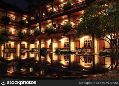 Pool and hotel at night in Kuta, Bali, Indonesia
