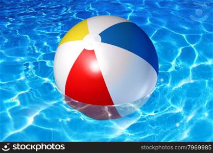 Pool fun concept with an inflatable plastic beach ball floating in cool crystal clear reflective water as a symbol of vacation relaxation in a family backyard or liesure activity at a holiday hotel.