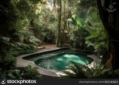 pool surrounded by lush greenery in serene forest oasis, created with generative ai. pool surrounded by lush greenery in serene forest oasis