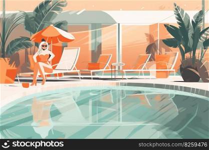 Poolside relaxation scene, showcasing a couple lounging together on comfortable sunbeds, sipping cool, tropical drinks, and enjoying the warmth of the summer sun at a luxurious resort. Generative AI