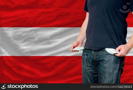 poor man showing empty pockets in front of austria flag