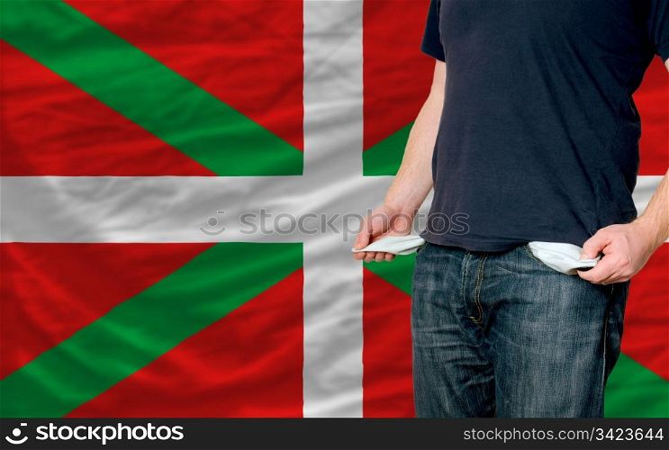poor man showing empty pockets in front of basque flag