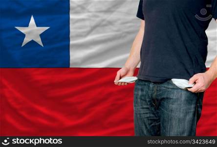 poor man showing empty pockets in front of chile flag