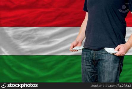 poor man showing empty pockets in front of hungary flag