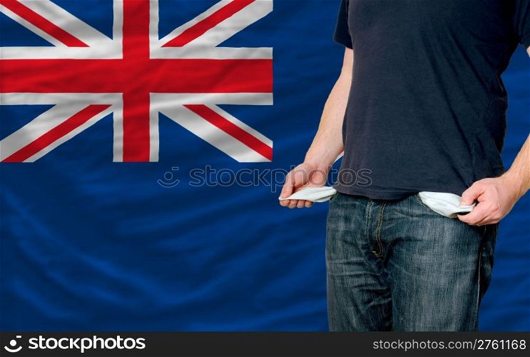 poor man showing empty pockets in front of new zealand flag